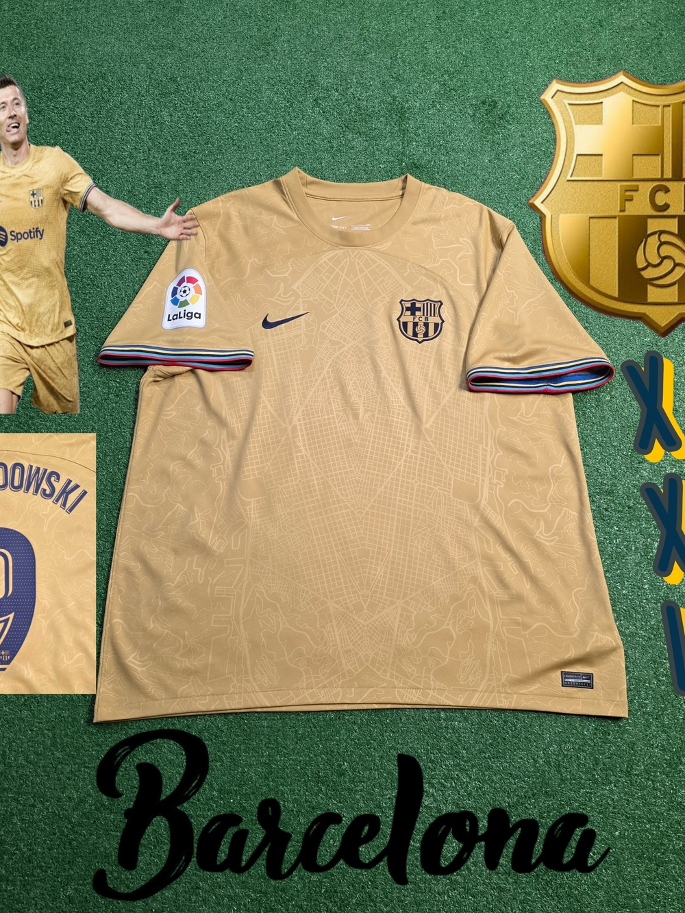 Nike FC Barcelona Robert Lewandowski #9 2022/2023 Away Gold Jersey LA Liga XXL